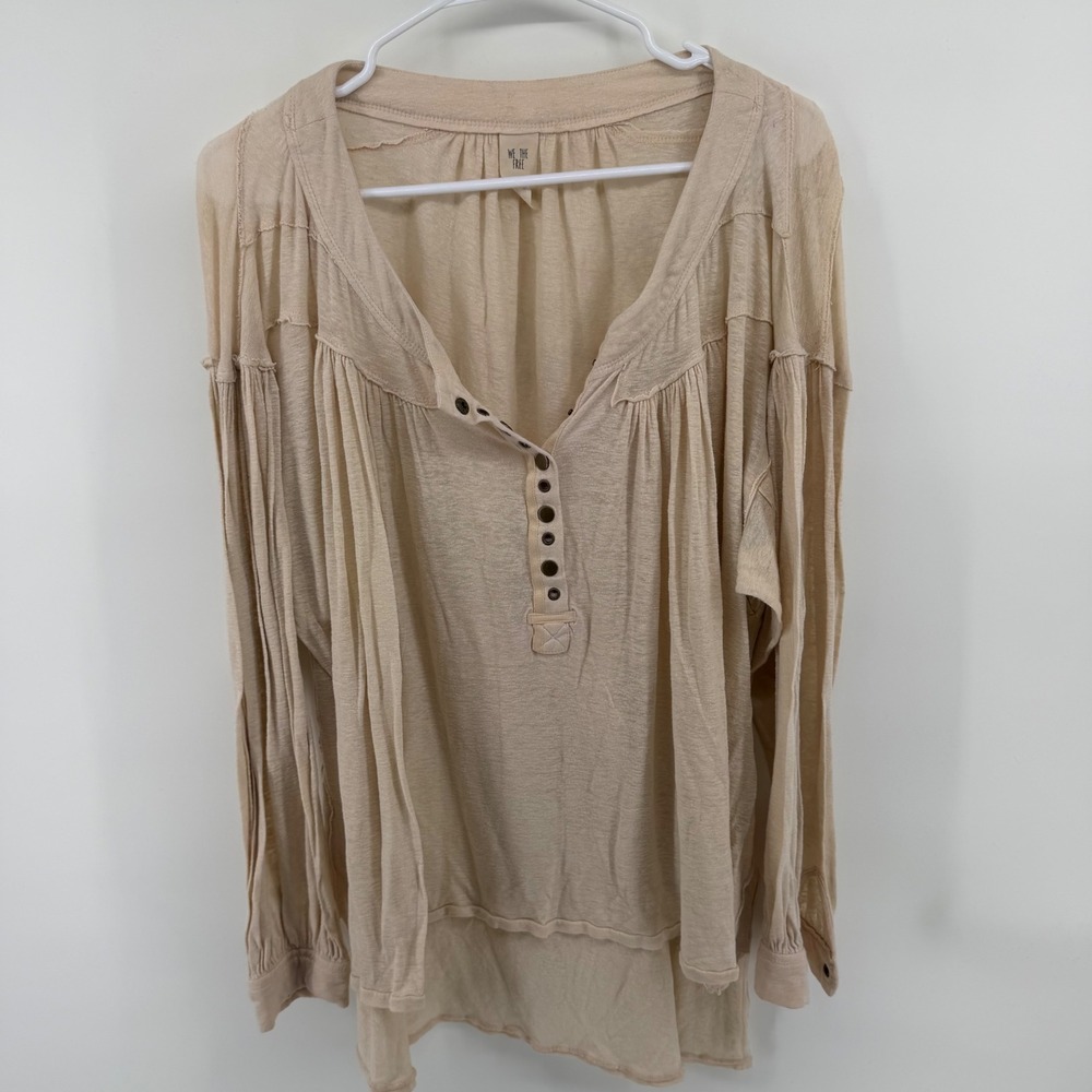 We The Free Free People Tan Linen Blend Long Sleeve Henley Top OB726762 Size M